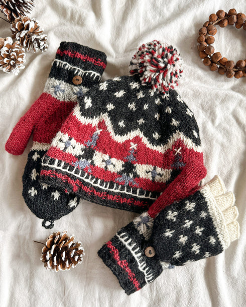 Alpine Villa Beanie-Cozy vintage inspired red black patterned knit beanie-Adored Vintage