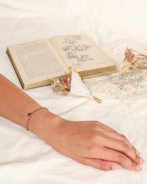 Dried Berries Bracelet-Delicate vintage inspired gold & brown beaded bracelet with hexagon charm-Adored Vintage