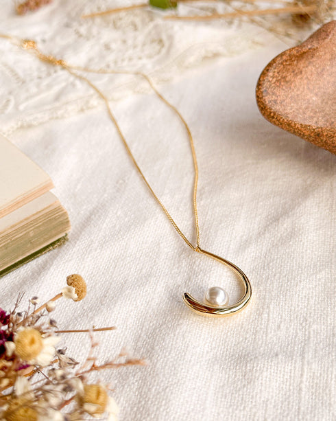 Hooked on a Feeling Necklace-Delicate vintage inspired gold hook pearl pendant necklace-Adored Vintage