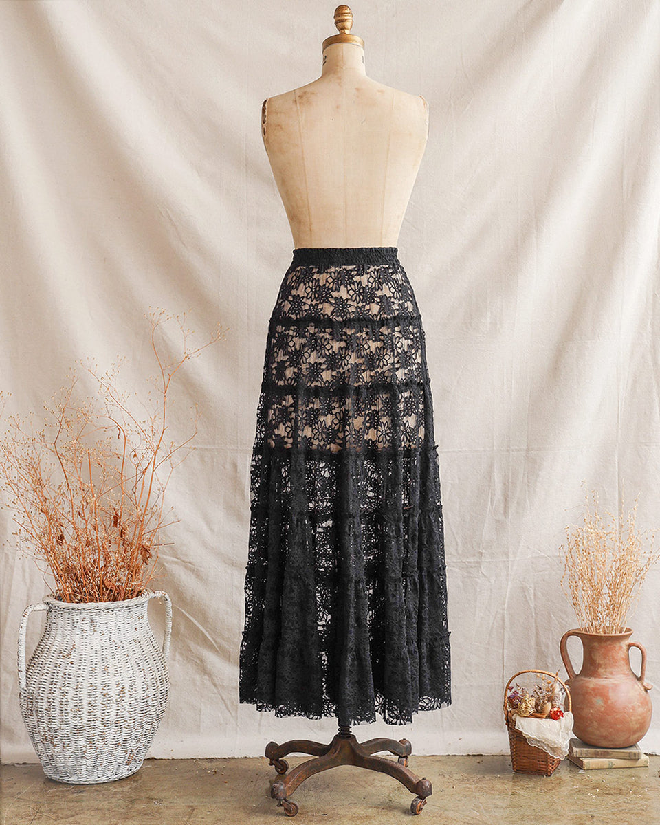 Vintage Inspired Black Lace Tiered Maxi Skirt / Adored Vintage