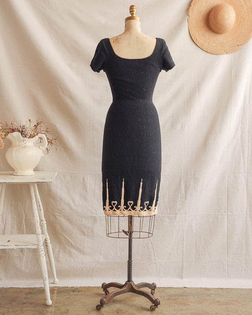Chandelle Bouclé Dress-Vintage 1940s black knit candle novelty midi dress-Adored Vintage