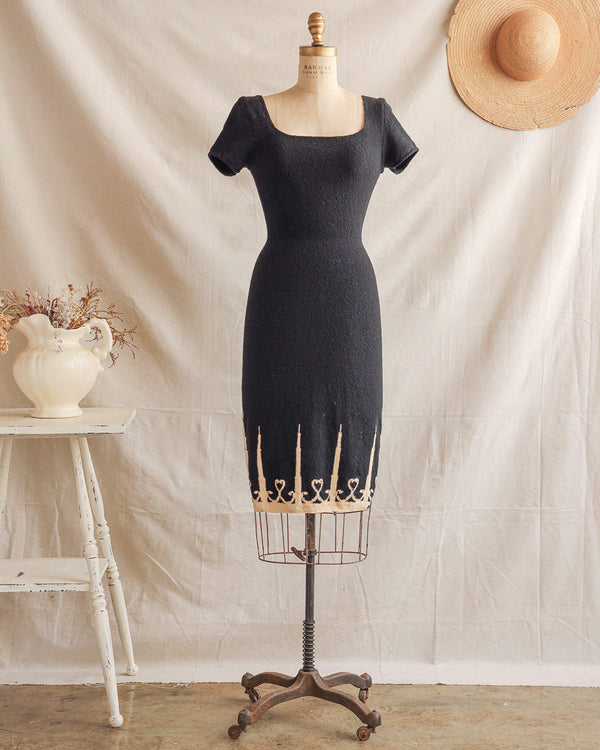 Chandelle Bouclé Dress-Vintage 1940s black knit candle novelty midi dress-Adored Vintage