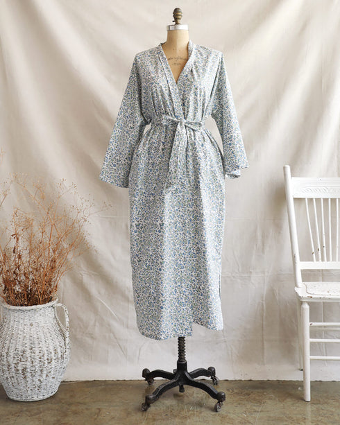 Still Mornings Robe-Vintage inspired blue grey floral block printed cotton robe-Adored Vintage