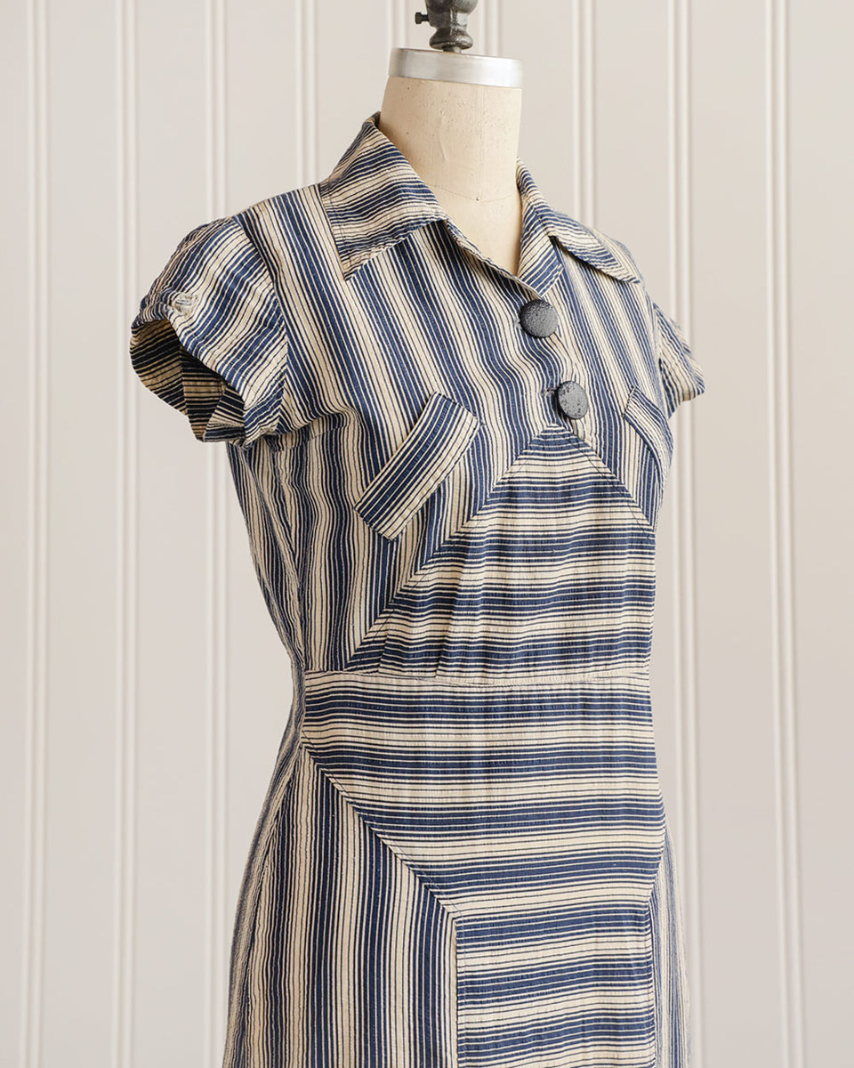 Vintage 1930s Dress / Vintage 30s Blue Striped Cotton Dress / Homage to