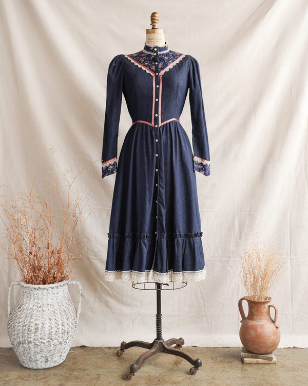 Call of Home Dress-vintage 1970s Gunne Sax denim prairie dress-Adored Vintage