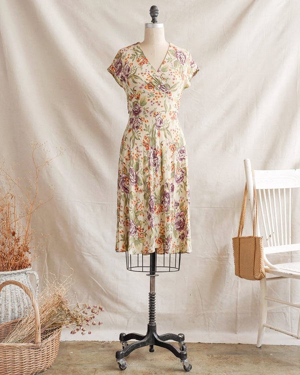 Painted Blossoms Dress-vintage 1990's floral surplice bust dress with self tie sash-Adored Vintage