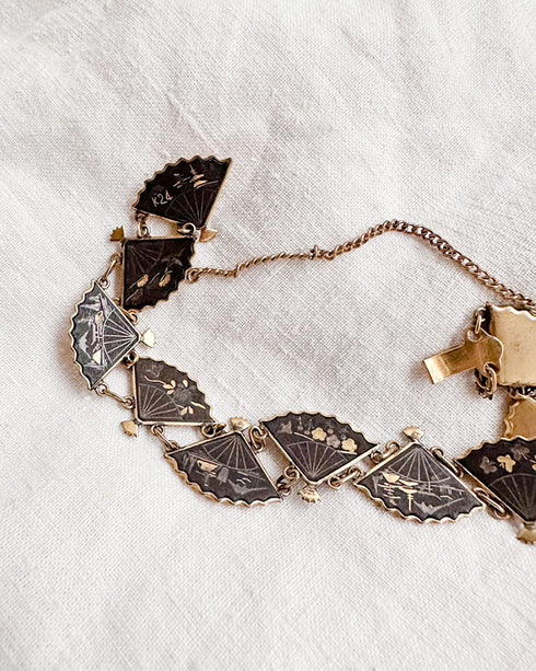 Sakura Spring Bracelet-Vintage 1950s Japanese damascene fan bracelet-Adored Vintage